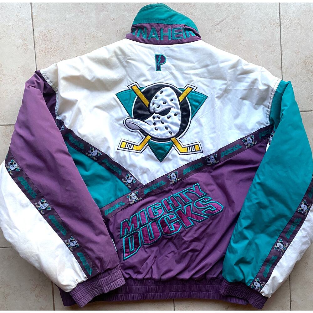 Anaheim Mighty Ducks 90s PRO PLAYER puffer TAPE jacket L purple white NHL vtg